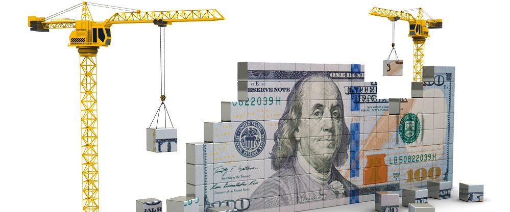 3d illustration of two cranes building 100 dollars 3d illustration of two cranes building 100 dollars